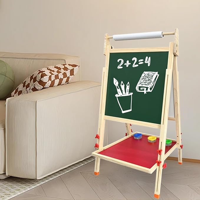 Double Sided Wooden Art Easel,Large Double Sided Wooden Easel White Board & Magnetic Drawing Board & Paper Roll,Double-Sided Magnetic Easel Standing Art Easel for Parties and Festivals