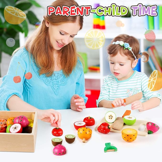 LOOIKOOS Wooden Play Food for Toddlers, Montessori Toys for 3 4 5 Years Old Pretend Cutting Fruits Set for Toddlers Play Kitchen Gift for Kids Educational Toy