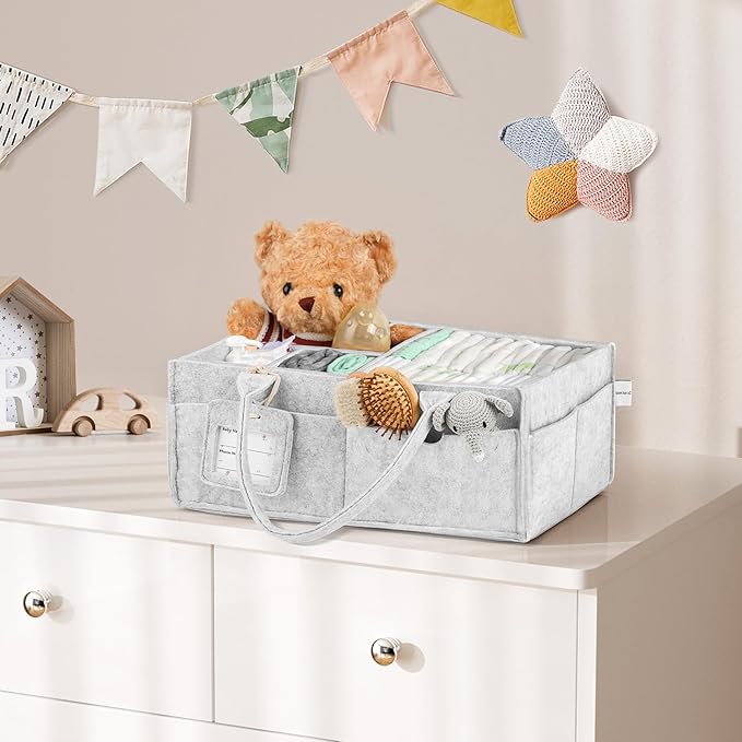 GEMII Diaper Caddy Organizer-Large Baby Caddy Organizer with Handle,Newborn Registry Essentials,Baby Shower Gift Basket for Boy or Girl (Gray, Large)