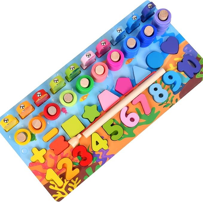 Wooden alphanumeric Shapes Jigsaw Ring Count Classification Toys Math Shapes Building Blocks Toddler Learning Playboard Math Fishing Educational Toys Montessori Educational Toys (color3)