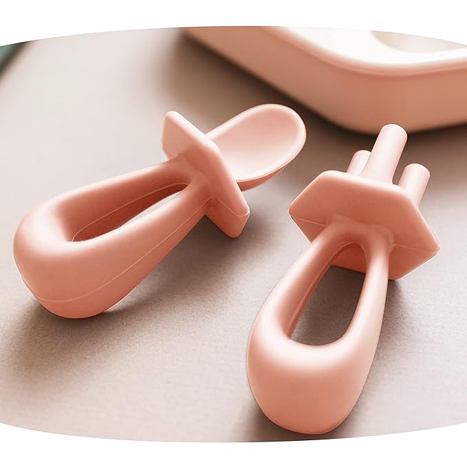 Tiny Twinkle Silicone Training Utensils - Baby Spoons and Baby Forks For Self-Feeding Training - Silicone Baby Led Weaning Utensils For Toddlers And Babies 6-24 Months - Baby Feeding Supplies (Coral)