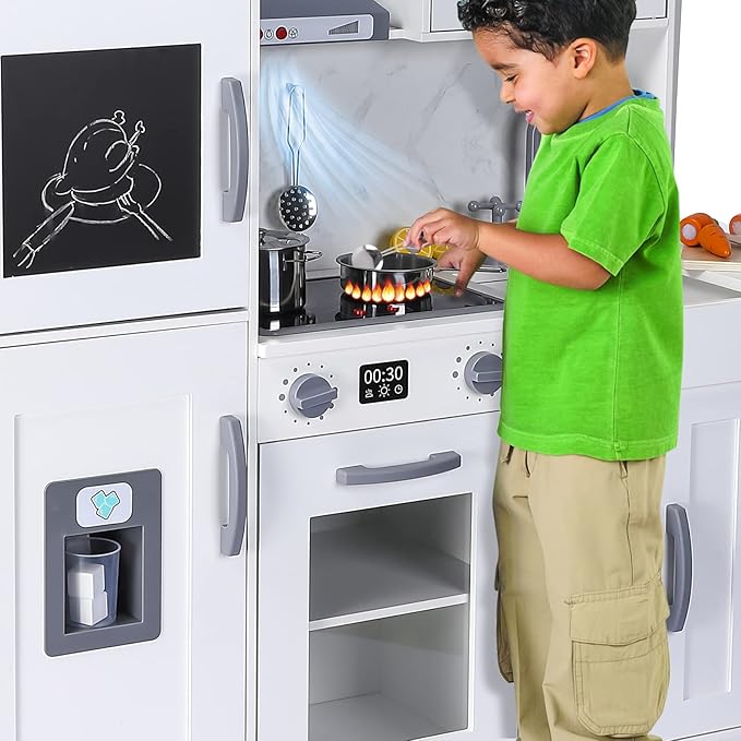 Wooden Play Kitchen with Cookware Accessories, Wooden Chef Pretend Play Set with, Wooden Cookware Pretend with Microwave, Oven, Sink, Real Lights & Sounds, White (201WA)