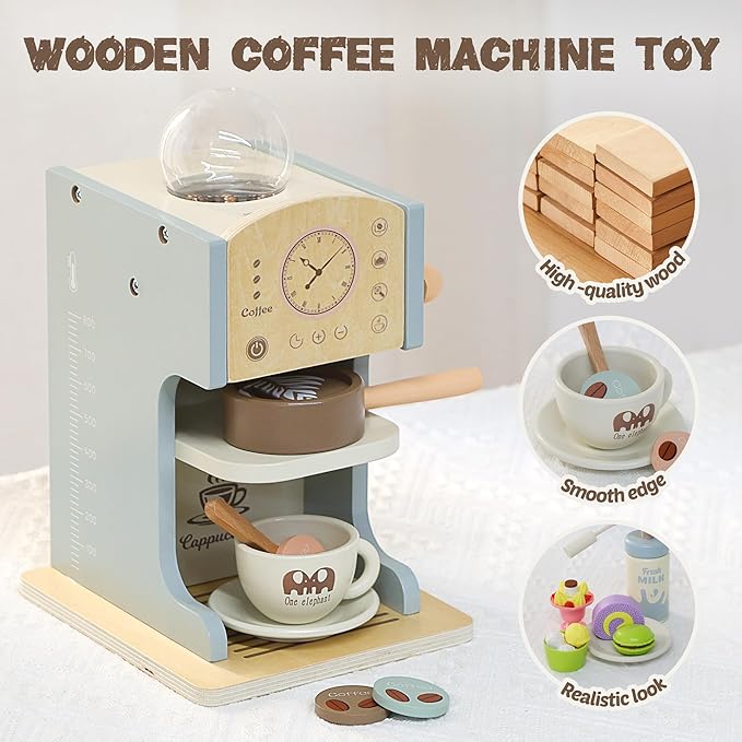 Kids Coffee Playset Kitchen Toys,Wooden Coffee Maker Toy Set with Play Kitchen Accessories, Pretend Play Coffee Set for Kids Girls Boys