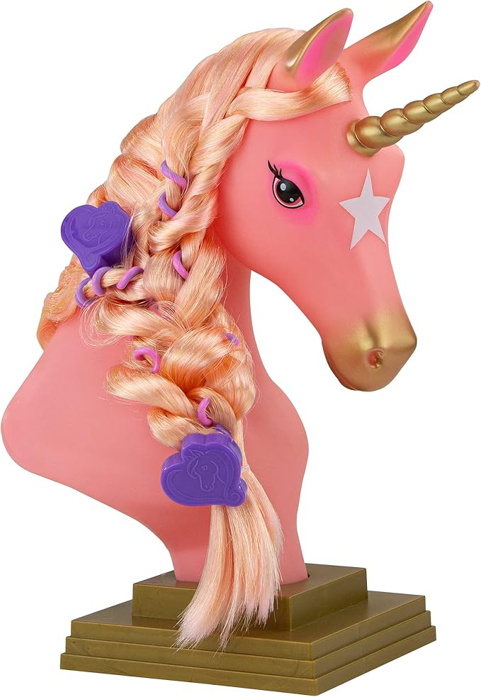 Breyer Horses Beauty Styling Head | Stardust | Pink Extra-Long Silky No Tangle Mane | 10" x 4.25" x 4.25" | Styling Book, Brush, Hair Coils, Clips, Elastics | Unicorn Toy | Model #7405