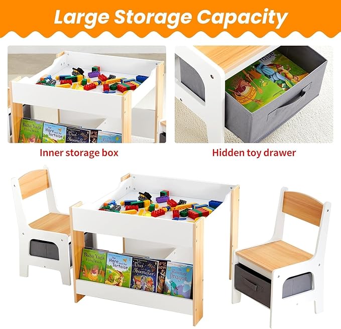 Asweets Kids Table and Chair Set,4 in 1 Toddler Desk with Storage Drawer,Wooden Activity Table for 2 in 1 Detachable Tabletop,Bookshelve,Suitable for Classroom,Home, Nursery, Playroom (Pure White)