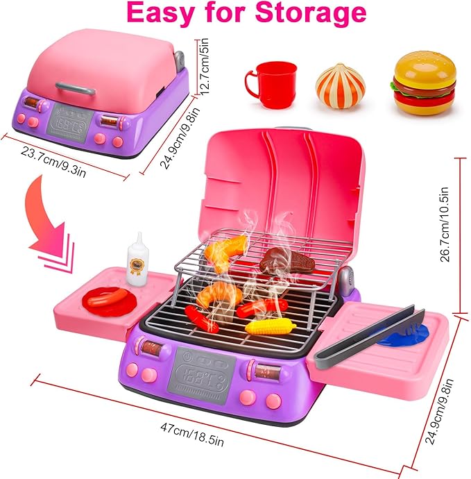 Kids BBQ Grill Playset Kitchen Toy Set with Pretend Smoke Sound Light Toddler Girls Pink Play Food Ages 2-4 3-5 4-8 Indoor Outdoor Cooking Barbecue Toys for 2 3 4 Year Old Girl Birthday Valentine Gift