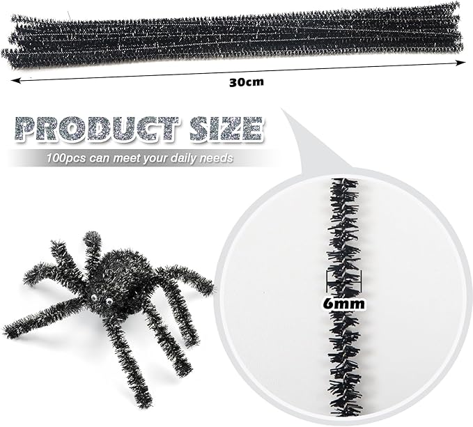 TOAOB 100pcs Christmas Glitter Pipe Cleaners Black Metallic Pipe Cleaners Craft Supplies 6mm x 12 Inch Chenille Stems Pipe Cleaners for Art DIY Crafts Decorations