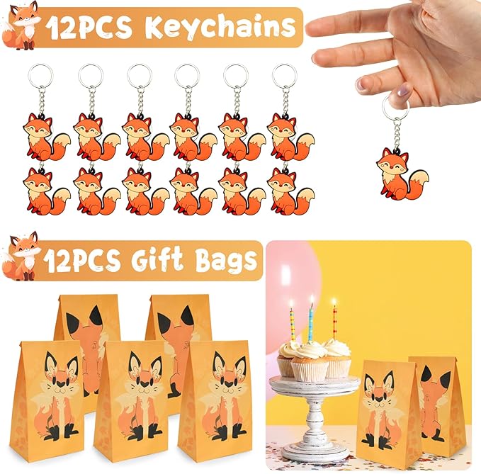 110Pcs Fox Birthday Decorations Fox Party Favors with Slap Bracelets Keychain Temporary Tattoo Stickers Badges Gift Bags for Kids Woodland Baby Shower Jungle Safari Party Supplies