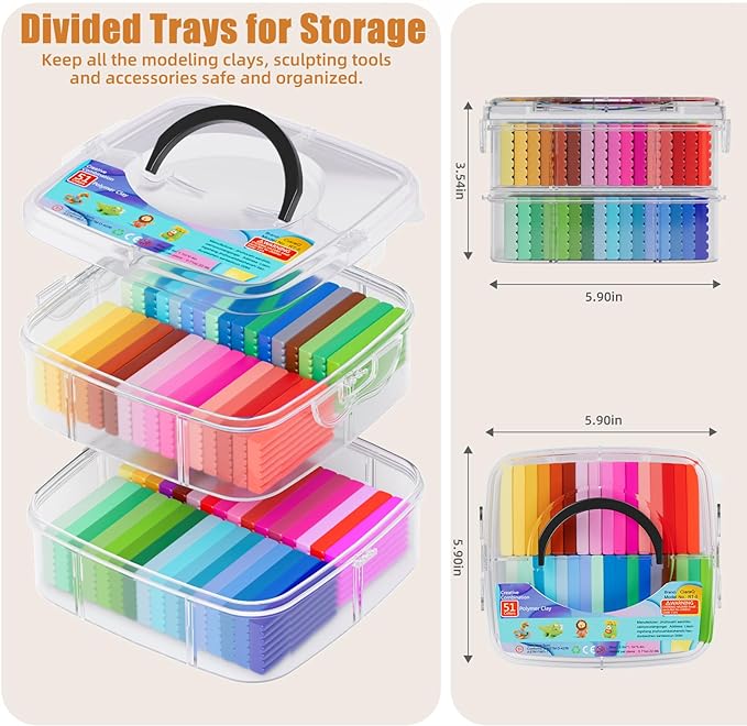 Polymer Clay Starter Kit -51 Colors, CiaraQ Oven Baking Modeling Clay Set with Sculpting Tools, Accessories, and Storage Box. Great for Crafts