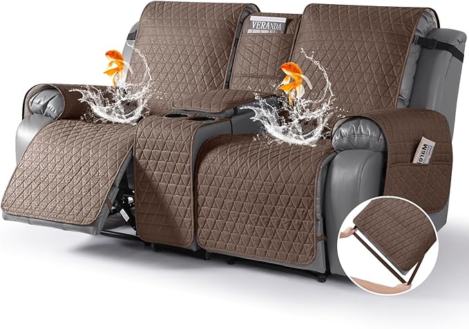 TAOCOCO 100% Waterproof Recliner Cover -Loveseat Recliner Cover with Center Console,Non-Slip Reclining Couch Covers for 2 Seat,with Elastic Straps Pocket for Kids, Dogs, Pets (Brown, 2 Seater XL)