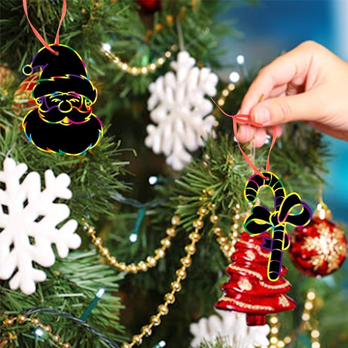 LOKIPA Christmas Scratch Paper Art Set, 80 Pieces Magic Rainbow Scratch Off Cards Ornaments for Kids Christmas