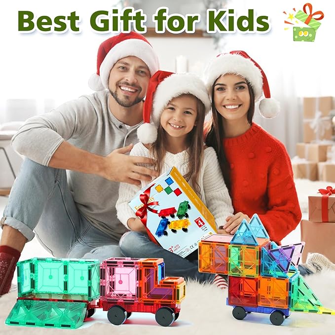 Magnetic Tiles Cars Construction Set, 4 PCS Magnetic Cars Magnetic Building Blocks Cars Toy for Kids Ages 4-8 3-5 Magnet Bricks Truck Kit Educational Sensory Toys Gifts for 3+ Year Old Boys & Girls