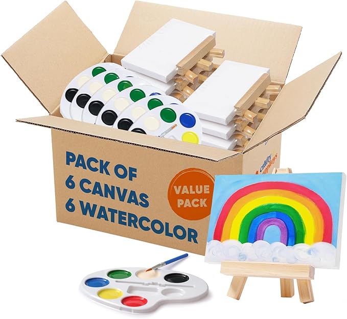 Set of 6 Mini Canvases 4x6 & Easel Set with Watercolors Paint - Party Favors for Kids 3 to 5 - Goody Bag Stuffers - Return Gifts for Kids Birthday - Small Canvases for Painting