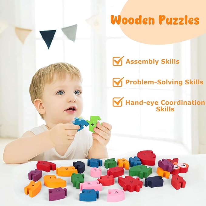 LovesTown Alphabet Jigsaw Puzzles, Wooden Snail Letters Numbers Block Toys, Building Blocks Wooden Puzzles for Kids Educational Learning