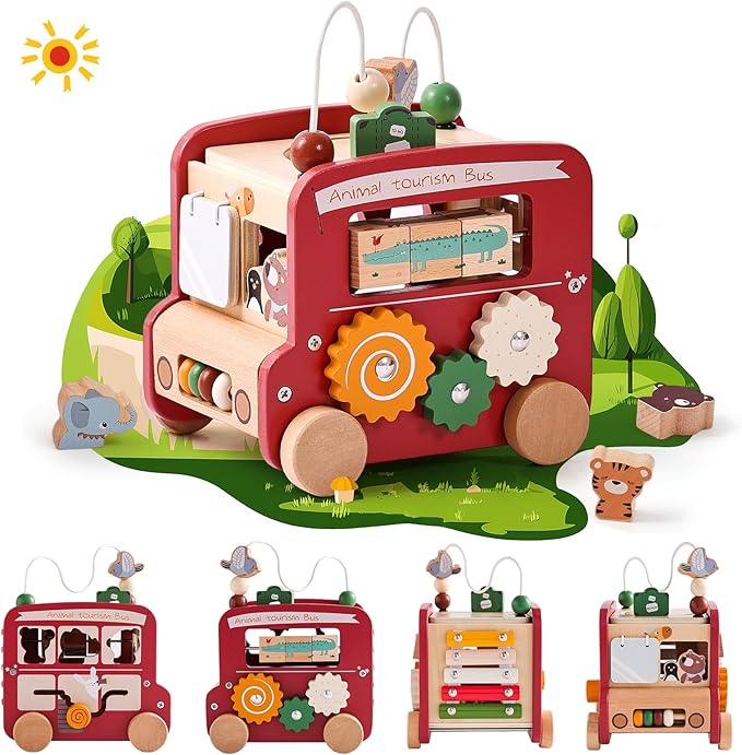 Wooden Activity Cube 8-in-1 Montessori Toys | Multifunctional Early Educational Learning Toys | Activity Cube for Baby Shape Sorter Xylophone Animal Travel Bus Toys Boy Girl Birthday Gift(Red Bus)