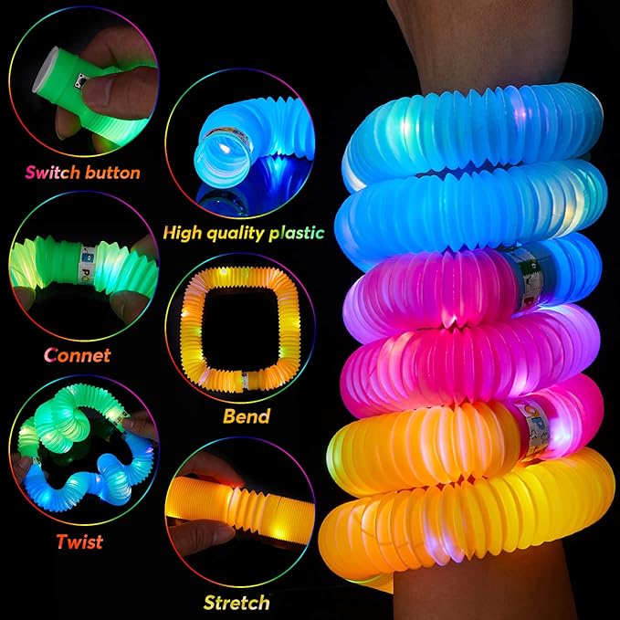24 PCS LED Pop Tubes, Light Up Glow Tubes Glow in the Dark Party Supplies, Glow Sticks Sensory Toys Birthday Glow Party Favors for kids, Light Up Toys(24 PCS)