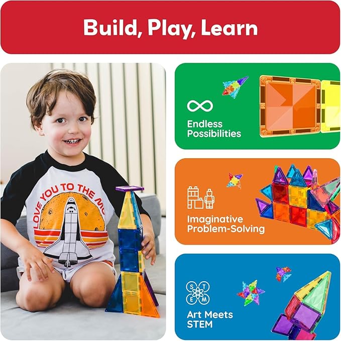 PicassoTiles Magnetic Tiles Building Blocks Mini Size Diamond Series Magnet Toys Travel Size On-The-Go Magnets Construction Sensory Toys Gifts Educational Set STEM Learning Kit Playset PTM40