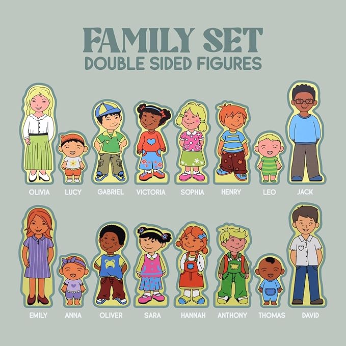 VEBO 22pc Wooden Magnetic Figures Set of 8 (16 Double Sided Characters) Mix & Match Family Set - Compatible with All Magnetic Tiles Sets - Educational STEM Building Toy Pretend Playset for Ages 3+