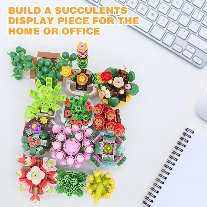 12 Flowers Succulents Building Set for Adults,Succulents Botanical Collection for Home Office Decor,Artificial Plant Building Kits,Gifts for Boys Girls 6+,Birthday Christmas(1185PCS)