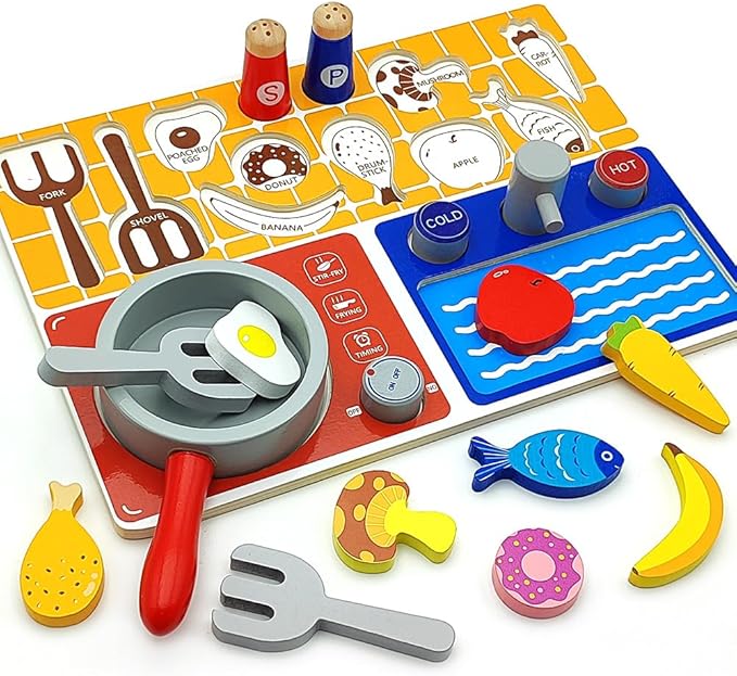 Play Kitchen Board Sets for Kids Ages 4-8, Cooking Toy Set for Kids, Wooden Play Food Kitchen Accessories, Toddler Girls and Boys Educational Playset
