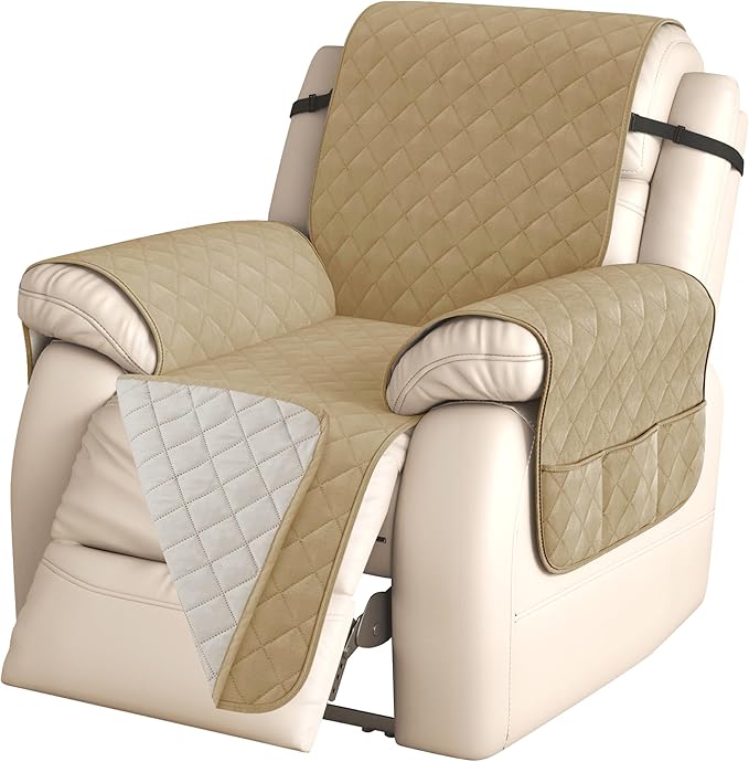 CHUN YI Recliner Chair Cover, Non-Slip Recliner Covers That Stay in Place, Washable Lazy Boy Recliner Covers with Pockets, Water Resistant Recliner Slipcover for Pets (Khaki, Small Recliner)