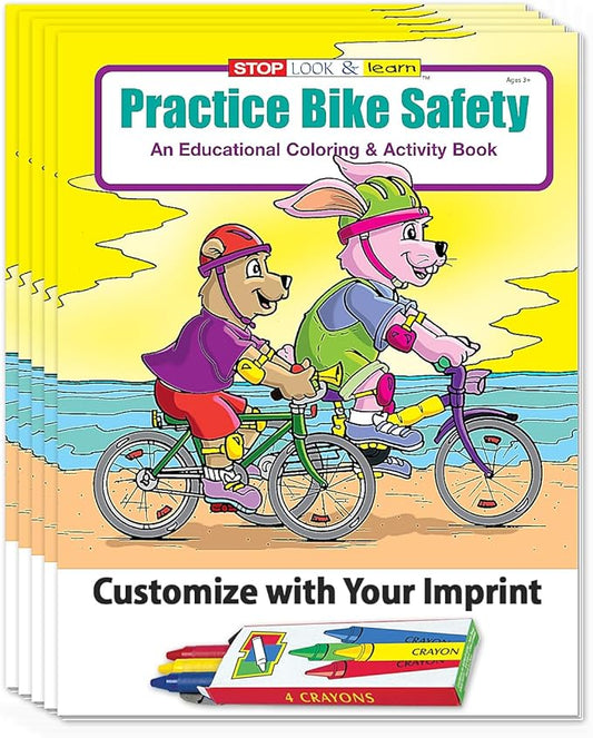 ZOCO - Bike Safety - Custom Educational Coloring Books (250 Bulk Pack, with Crayons) - Bicycle Rules, Road, Helmet Safety - Games, Puzzles, Activities for Kids