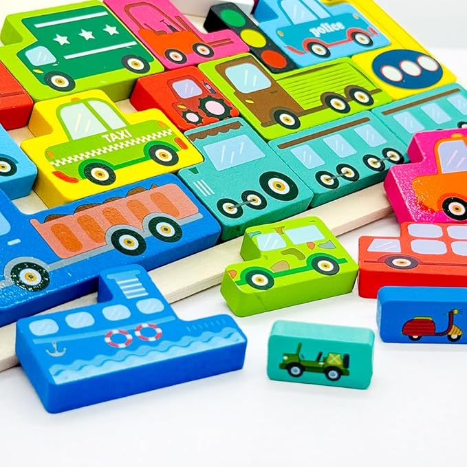 Wooden Blocks Puzzle Russian Blocks for Kids Age 3 4 5 Years Old, Children's Puzzle Game Board Learning Education Montessori Toddler Puzzle Wooden Toys for Kids Birthday Party Gift (Vehicle)