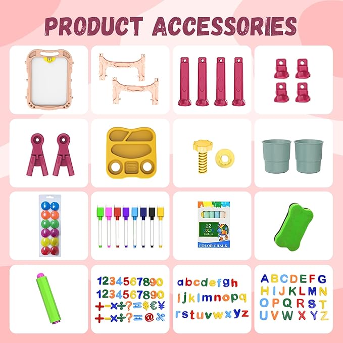 Art Easel for Kids with Magnetic Drawing Board, Double Sided Easel with Magnetic Letters & Numbers Easel, Adjustable Standing Easel for Toddler, Creative Play for Kids (Pink)