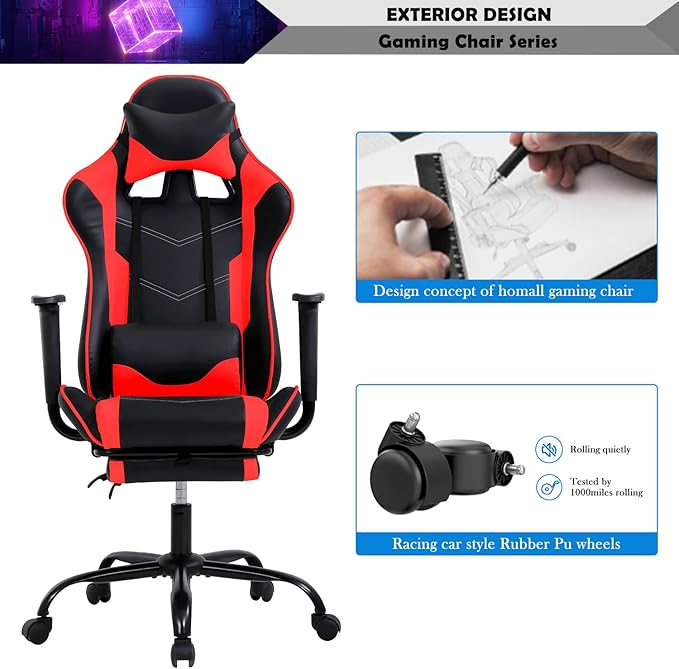 Gaming Chair Racing Style Office Computer Game Chair Ergonomic Desk Chair with Headrest Lumbar Support, High Back Gamer Office Chair Recliner Video Game Chairs for Kids or Adults,Red