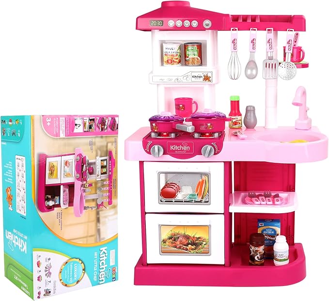 deAO Kitchen Playset Toy Pretend Food with Sounds and Lights Role Playing Game Pretend Food Playset for Toddlers,Pink