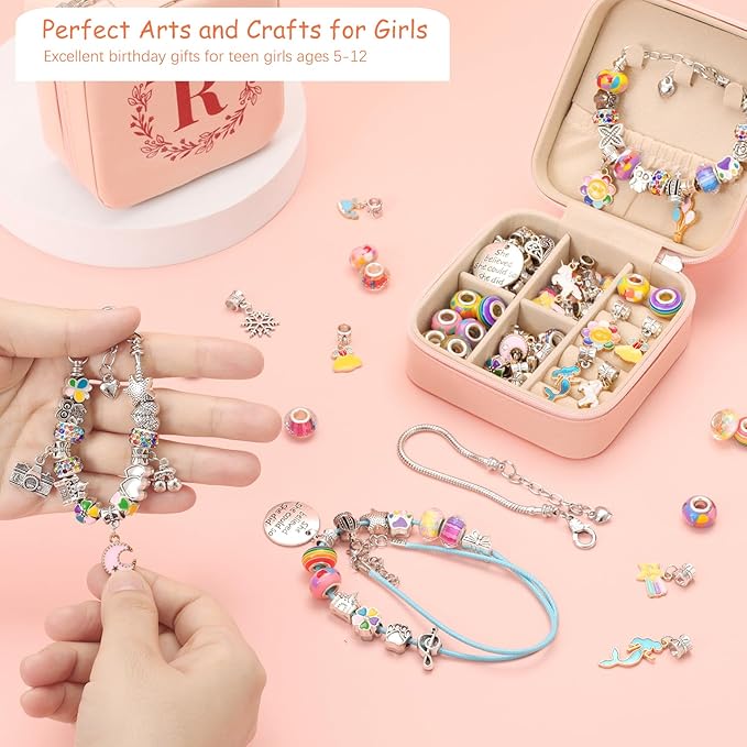 Charm Bracelet Making Kit for Girls 3-12, Kids Jewelry Making Kit 66Pcs Jewelry Kits for Girls Ages 8-12 Jewelry Maker Craft Necklace Birthday Christmas Gifts with Initial Jewelry Organizer Box - F