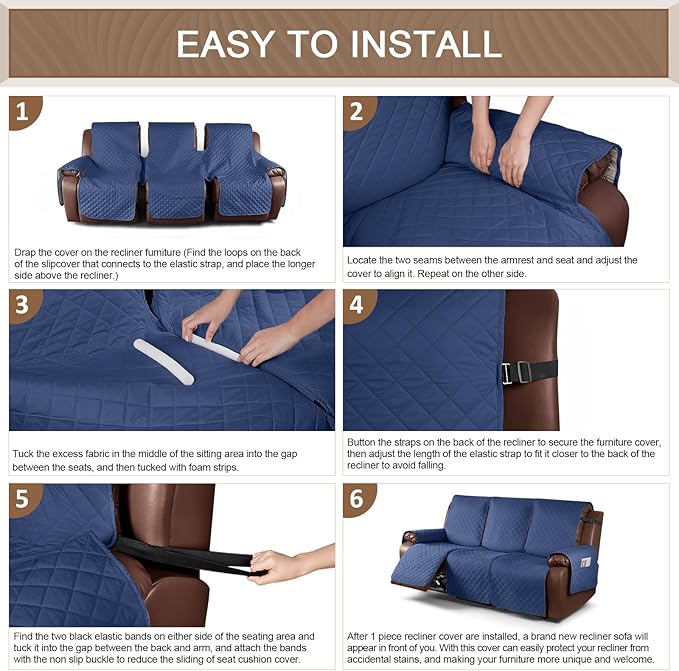 KinCam Waterproof Recliner Sofa Cover, Non-Slip Reclining Couch Covers for 3 Seat, Recliner Couch Cover Furniture Protector with Elastic Straps for Pets, Kids, Blue