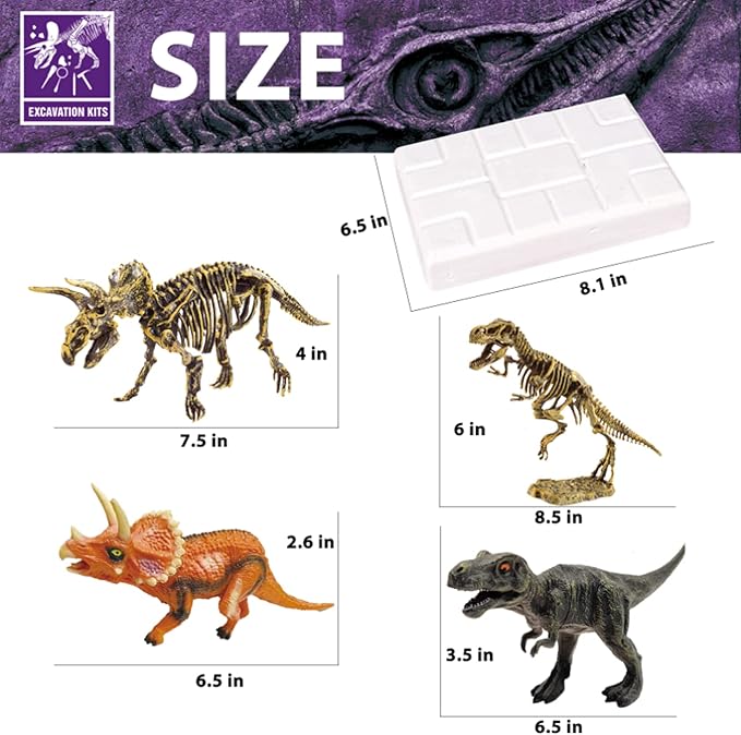 Dinosaur Fossil Dig Kit, Dino Excavation Kits for Kids, Educational Science Kits, Dinosaur Toys for Kids, Dig up 2 3D Skeleton Puzzles and 2 Dinosaur Figures Including T-Rex, Triceratops
