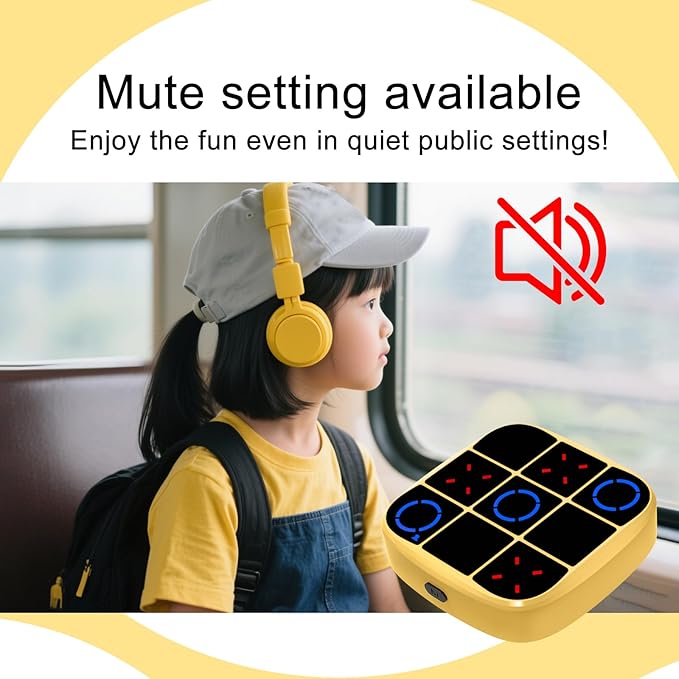 Tic-Tac-Toe Bolt Game, 4-in-1 Handheld Puzzle Games Console, Electronic Tic-Tac-Toe Game for Educational and Memory Growth, Portable Travel Games for Car Ride, Board Games for Kids and Adults (Yellow)
