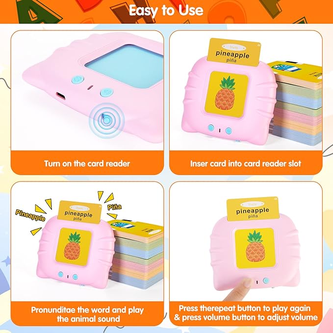Bilingual English & Spanish Flash Cards for Toddlers, Audible Toys Learning Spanish for Kids Adults, Speech Therapy Toys, Educational Learning Talking Flash Cards 385 Sight Words-Pink