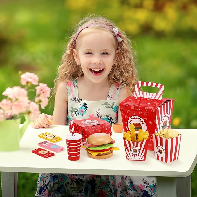 Wooden Fast Food Burger Fries Deluxe Dinner Set, Kitchen Pretend Play Accessories Toy, Realistic Burger Fries Pretend Play Food Set Toy House Props Educational