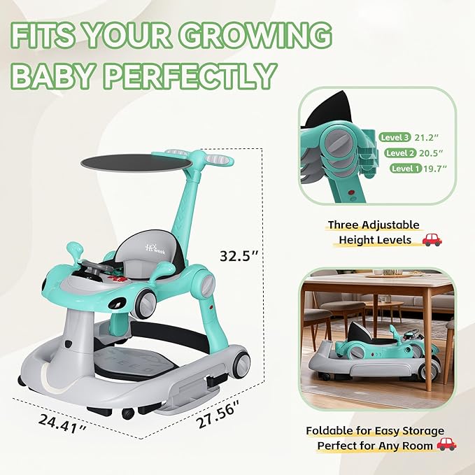Baby Walker with Wheels, 7-in-1 Foldable Baby Walkers for Boys Girls 6-12 Months with Feeding Tray & Music, Lights,Rocker,Sun Canopy, Bouncing Pedal, Adjustable Wheel Speed, Push Walker(Green)