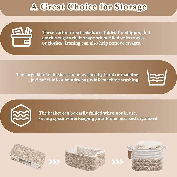 Goodpick Woven Storage Baskets for Organizing, Rectangle Cotton Rope Basket for Dog Toys Books Magazines, Stylish Gift Basket for Living Room Home Decor, 13" x 10" x 9", White & Camel Mix