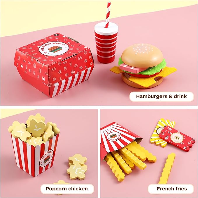 Wooden Fast Food Burger Fries Deluxe Dinner Set, Kitchen Pretend Play Accessories Toy, Realistic Burger Fries Pretend Play Food Set Toy House Props Educational