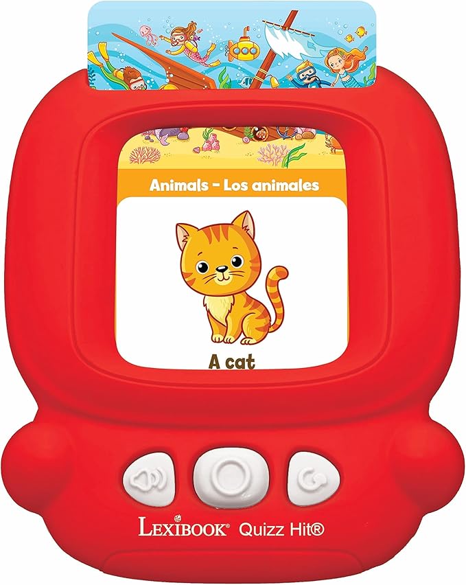 LEXiBOOK, Bilingual Interactive Card Reader, Spanish/English, 150 Double Sided Cards, Educational Quiz & flashcard Machine, Red, JCR10i2