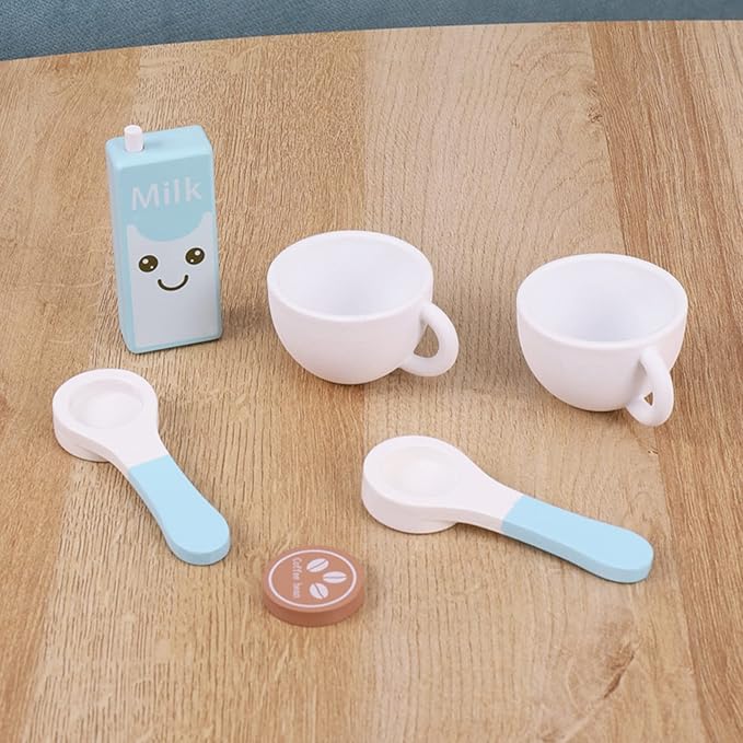 Wooden Coffee Maker Set Play Kitchen Accessories, Encourages Imaginative Playset Pretend Play Game for 3 4 5 6 7 Years Old Boys Girls, Early Education Coffee Machine for Kids Birthday Gift, 7 Pieces