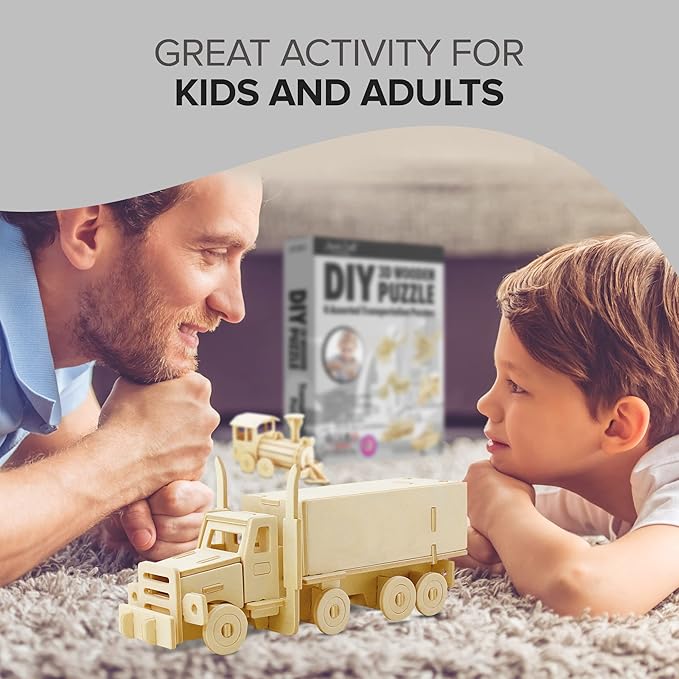 Hands Craft DIY 3D Wooden Puzzle – 6 Assorted Transportation Bundle Pack Set Brain Teaser Puzzles Educational STEM Toy Adults and Kids to Build Safe and Non-Toxic Easy Punch Out Premium Wood JP2B3