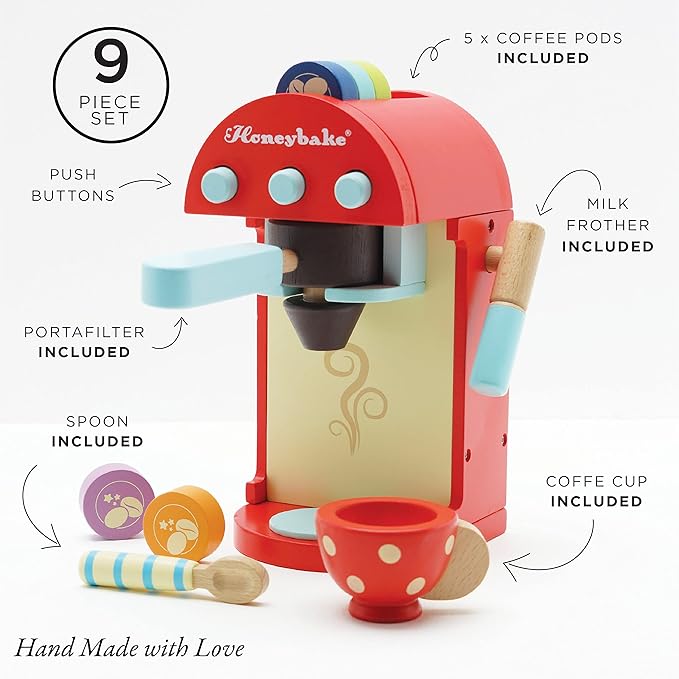Le Toy Van - Honeybake Premium Wooden Cafe Machine Set - Pretend Kitchen and Cafe Play Toy Set | Kids Role Play Toy Kitchen Accessories (TV299), Small