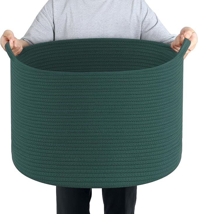 Maliton Woven Rope Basket for Blankets, Extra Large Storage, Green Laundry Hamper, Baby and Pet Toy Storage, Big Towel Basket, 22" x 22" x 14" Blanket Holder, Cotton Rope Bin