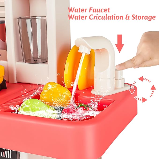 deAO Kids Kitchen Playset 50PCS Play Kitchen Toys Accessories with Sounds Lights, Cooking Stove Steam, Play Sink and Food, Pretend Kitchen Toy Gift for Toddler Aged 2 3 4 5 6 7 8 Years