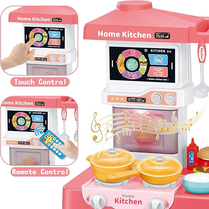 Kids Play Kitchen Toy Playset,Pink Kitchen Toy Set with Play Sink & Pretend Steam, Toddler Kitchen Accessories Set with Sounds & Light, Birthday for Boy Girl 3 4 5 7 8 Year Old