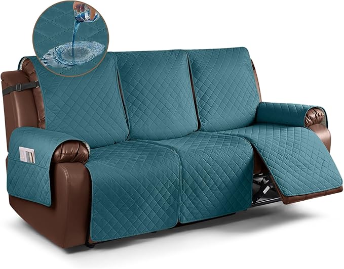 KinCam Waterproof Recliner Sofa Cover, Non-Slip Reclining Couch Covers for 3 Seat, Recliner Couch Cover Furniture Protector with Elastic Straps for Pets, Kids, Peacock Blue