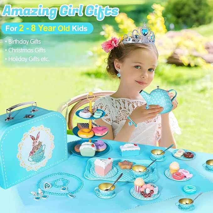 Tea Party Set for Little Girls, 49PCS Princess Tea Time Toys Including Tea Set Dessert Carrying Case, Kids Kitchen Pretend Playset (Bunny Tea Party Set Blue)