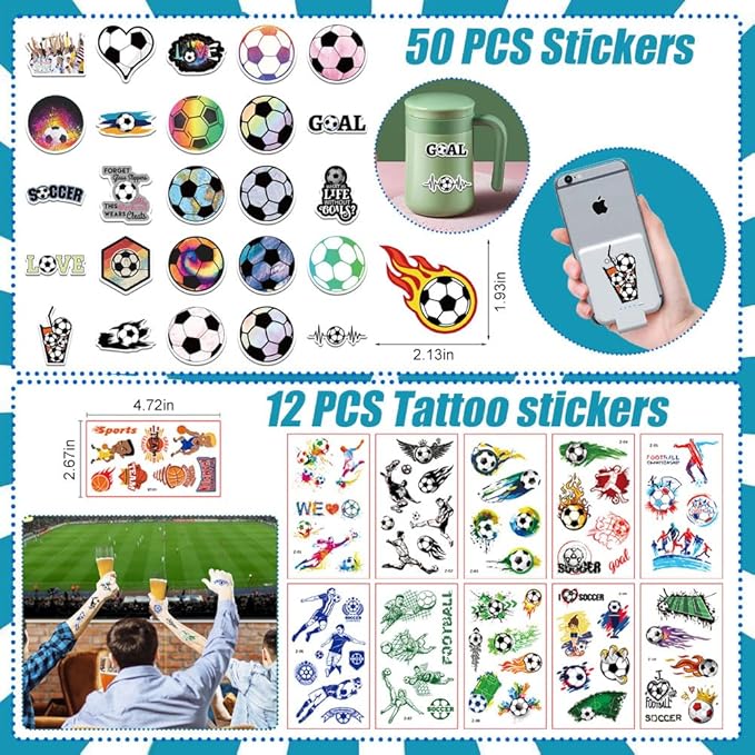 Soccer Party Favors, 172 pcs Birthday Party Supplies contains Cups, Straws, Whistles, Bracelets, Keychains, Stickers, Soft Balls, Tatoo Stickers, Thank You Tags for Sport Themed Birthday Decors