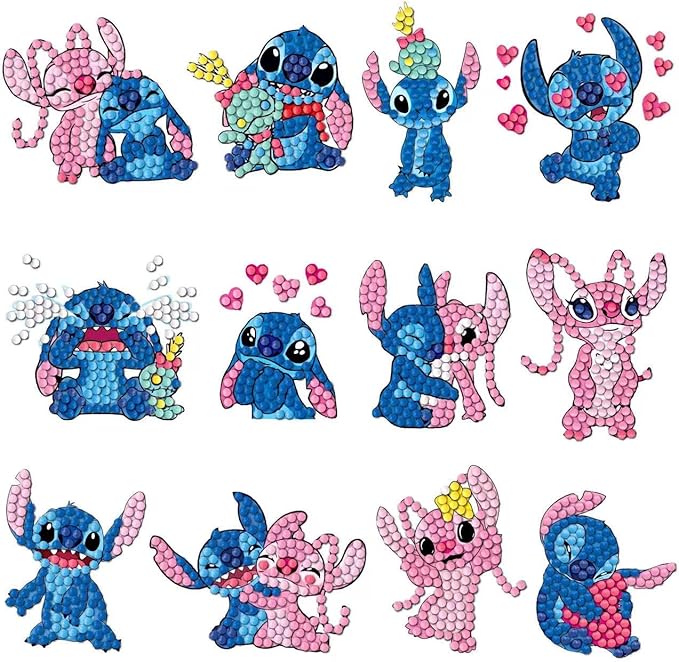 12 Pcs Diamond Art Stickers Kits for Kids, DIY Cartoon Paint by Numbers Diamonds Mosaic Stickers for Kids Arts Diamond Craft Stickers for Kids and Adult Beginners